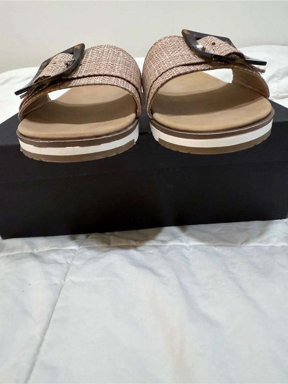 Nicole Miller Tan Woven Slide Sandals with Tortoiseshell Buckle